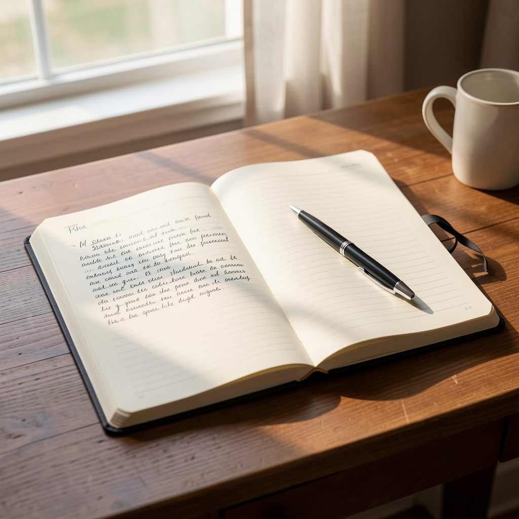 Open editorial notebook on a wooden desk with handwritten notes, a pen, and soft morning window light falling across the pages