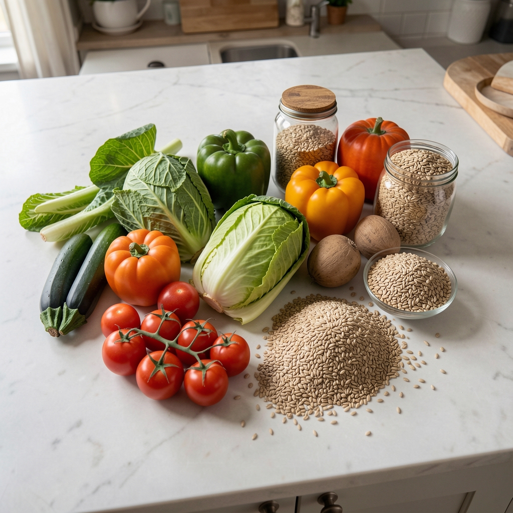 Kitchen counter with seasonal vegetables and whole grains arranged in natural overhead light, minimal composition