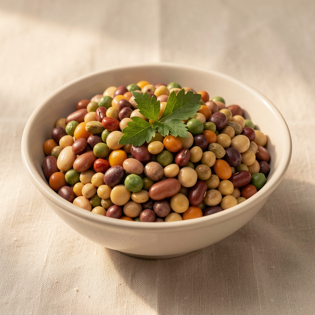 Bowl of mixed legumes and pulses with fresh herbs on a pale linen surface under warm studio lighting