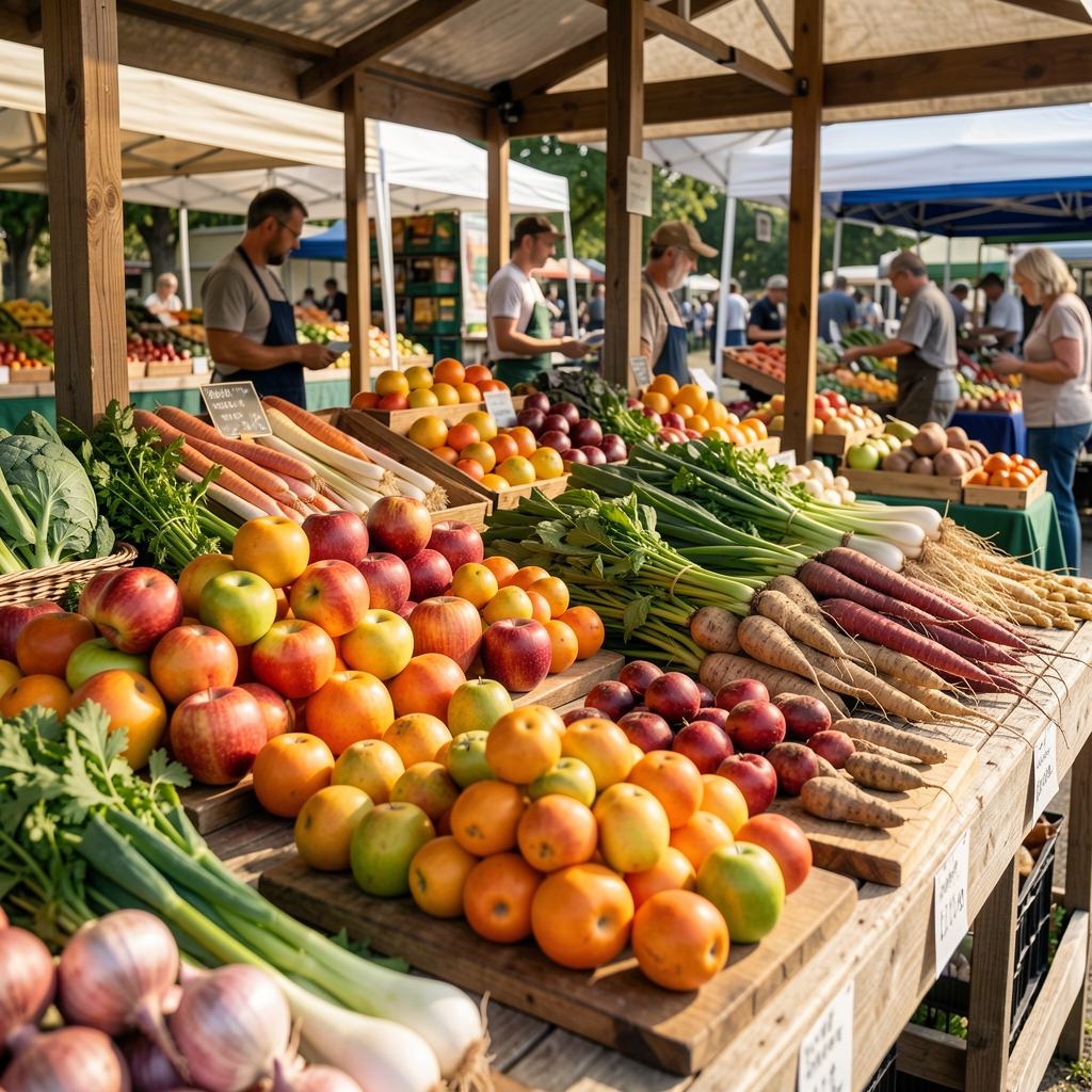 Farmers market stall with colourful whole fruits and root vegetables displayed on wooden boards in outdoor daylight