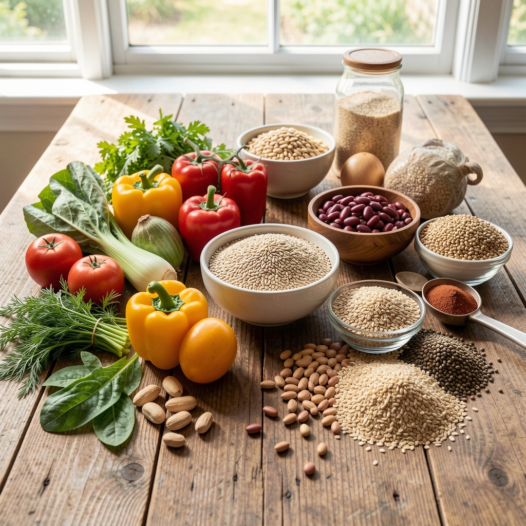 Wide wooden table with arranged whole food ingredients including vegetables, grains, and legumes in natural daylight