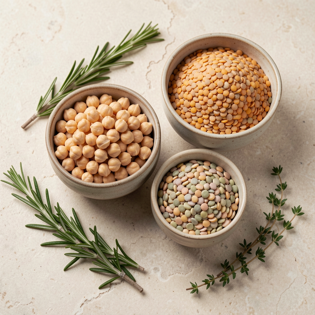 Ceramic bowls containing chickpeas, lentils, and split peas arranged on a light stone surface with fresh rosemary and thyme, overhead studio shot