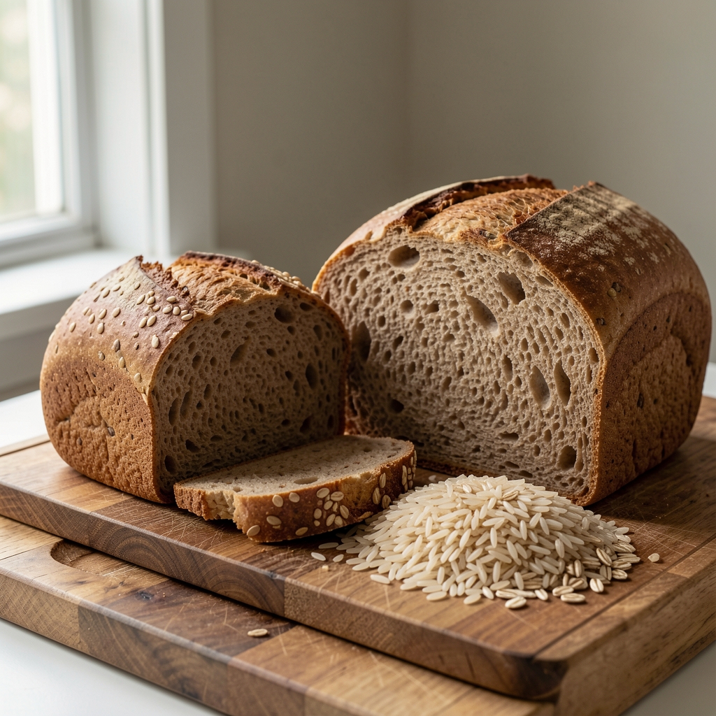 Selection of whole grain breads, brown rice, and oat varieties arranged on a wooden cutting board with natural daylight from a side window