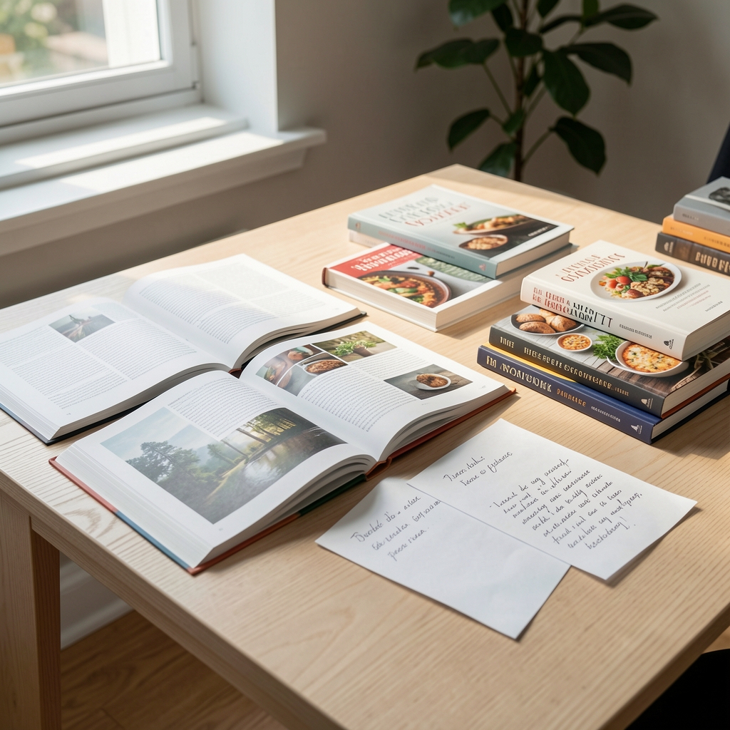 Editorial workspace with open journals, food reference books, and handwritten notes on a pale oak desk with morning light